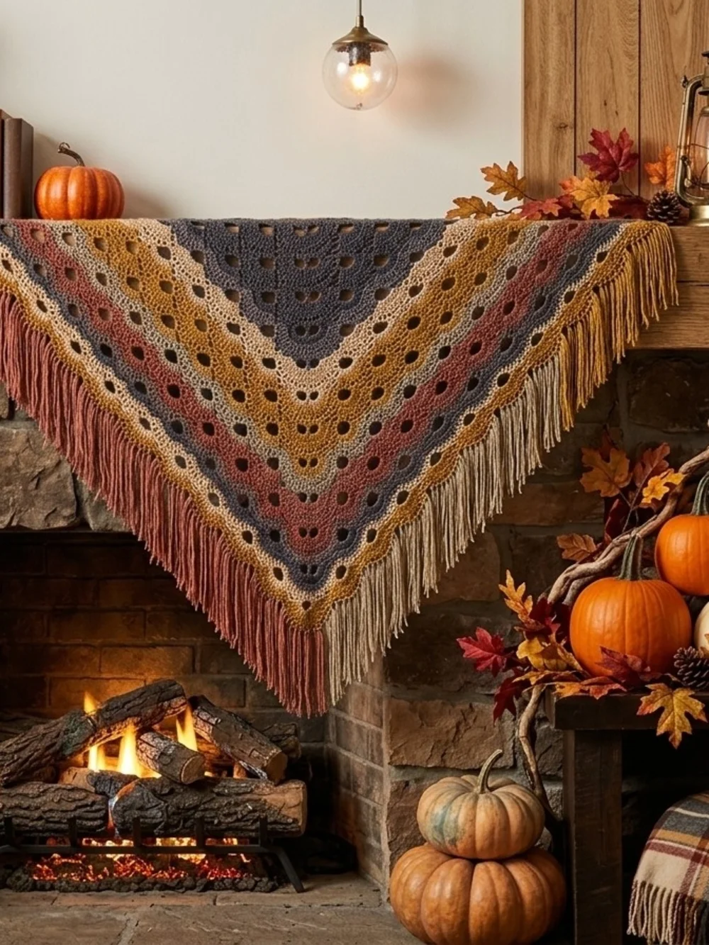 Autumn Fringe Triangle Shawl - Multicolor Fall Crochet